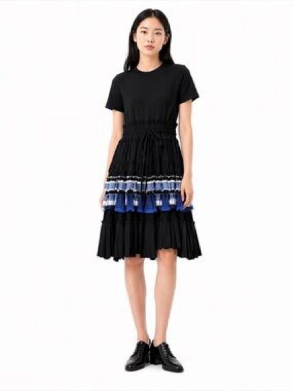 Black Casual Short-Sleeve Dress with Blue Trim